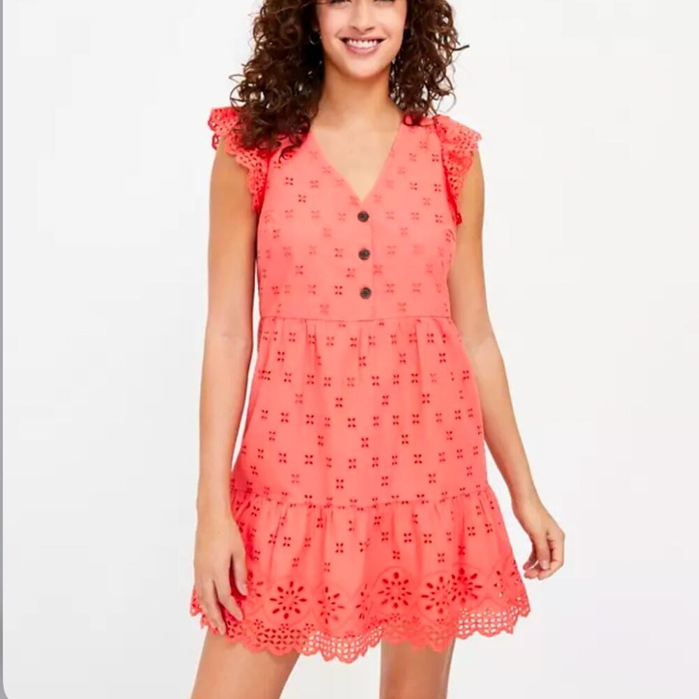 LOFT Coral Eyelet Flutter Sleeve Mini Dress 00